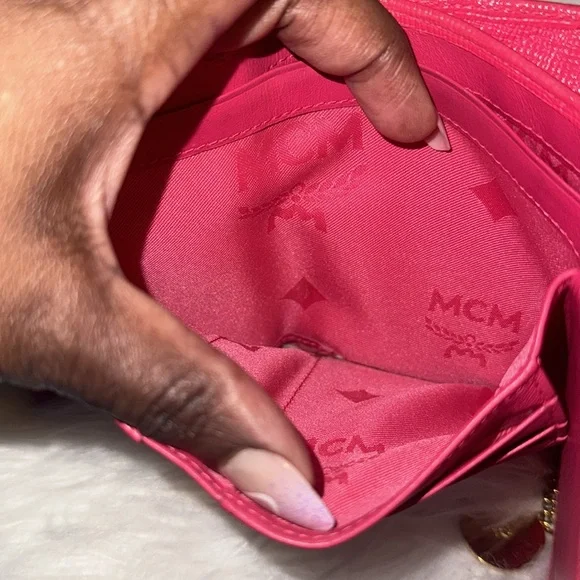 Authentic MCM Pink Leather Studded LogoMotifs Trifold Wallet with keychain EUC
